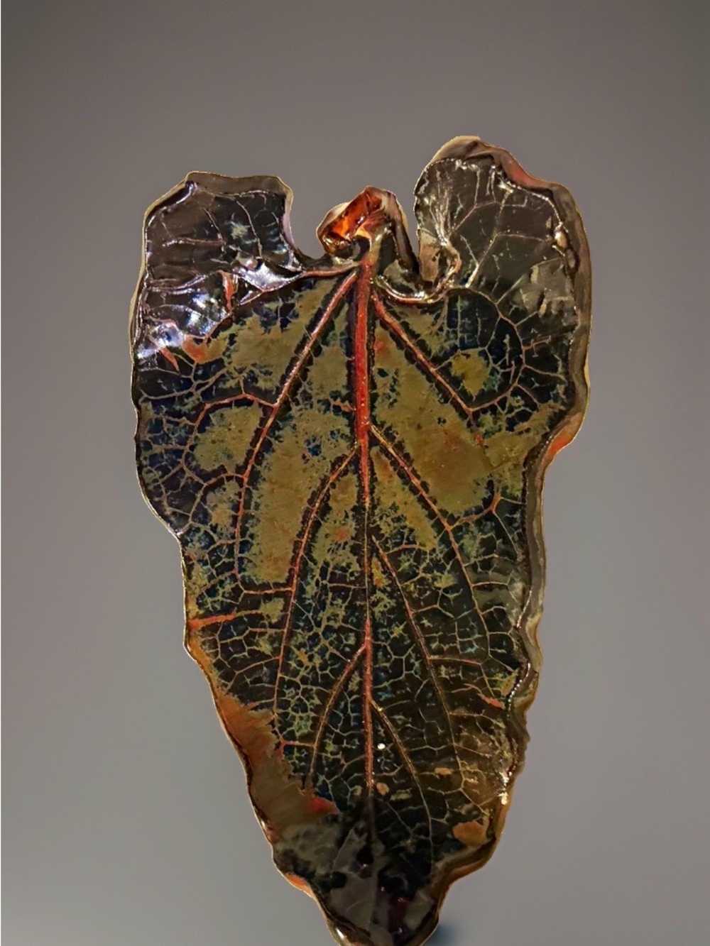 K. Behringer Studio Art Pottery Leaf Dish Iridescent Metallic Glaze Catchall
